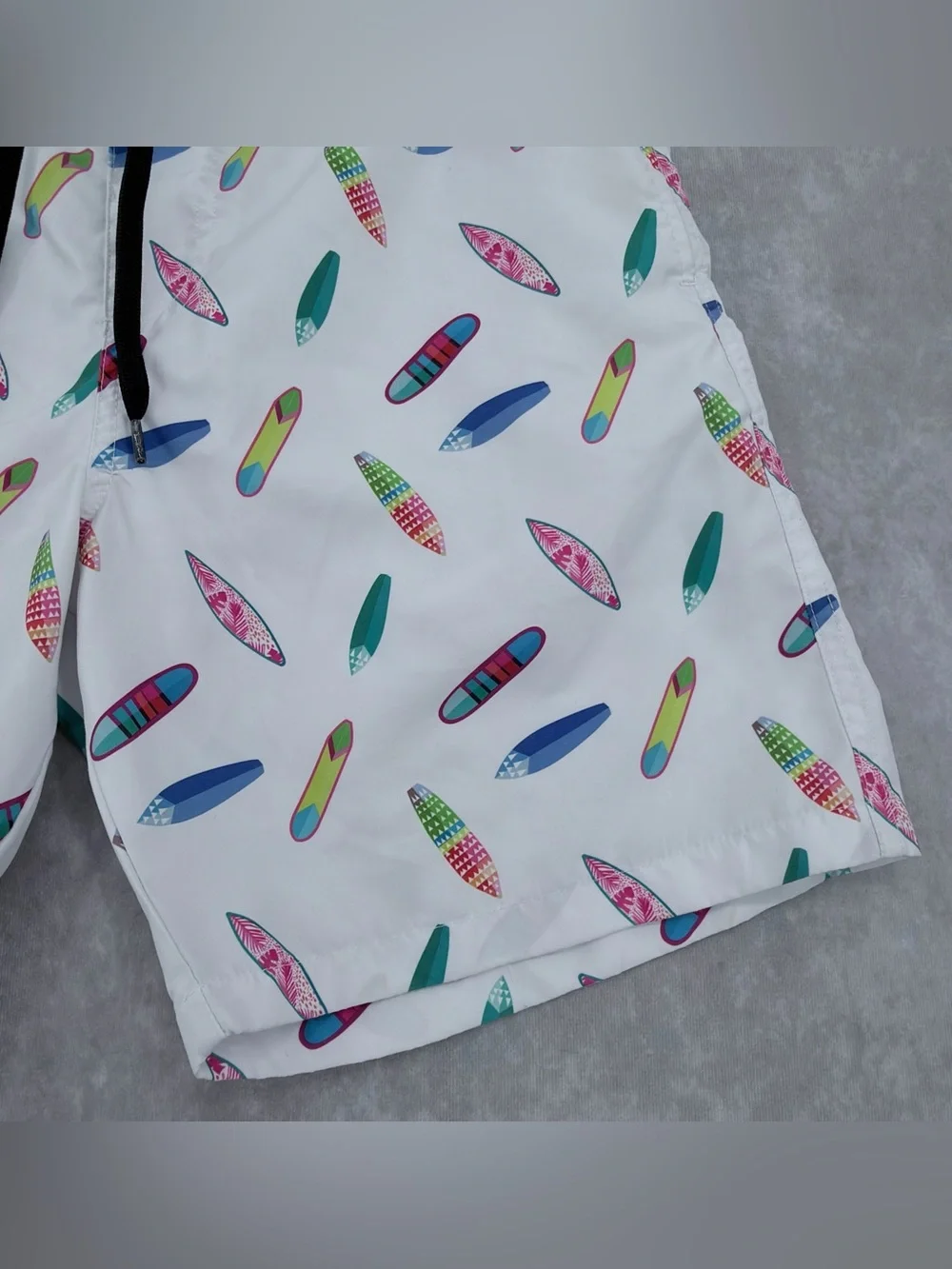 Surf Society Men's White Surfboard Print Swim Trunks medium